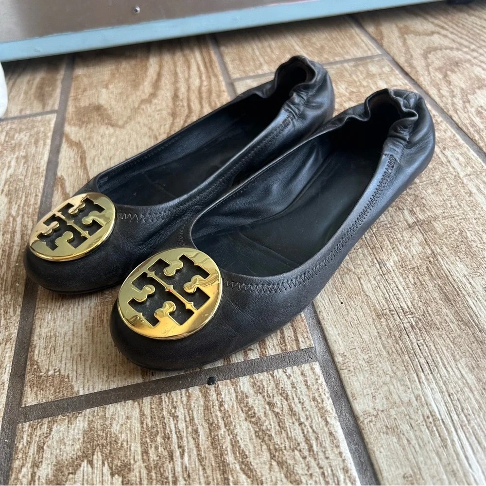 Tory Burch Reva Travel Ballet Flats Leather Gold Logo Perfect Black Women’s 8.5 - Picture 4 of 8